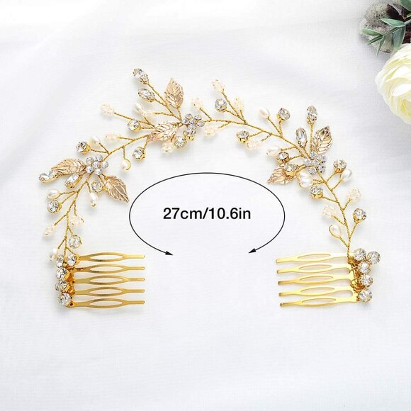 Gold Leaf Bride Hair Combs Pearl Crystal Bridal Hair Accessories for Weddings - Picture 2 of 6
